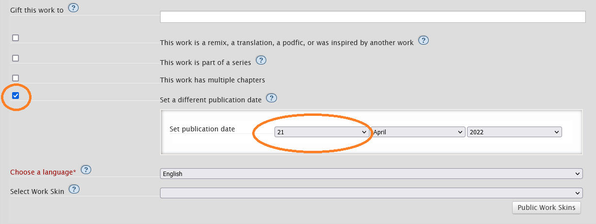 screenshot of ao3 showing how to change the publication date of a fic